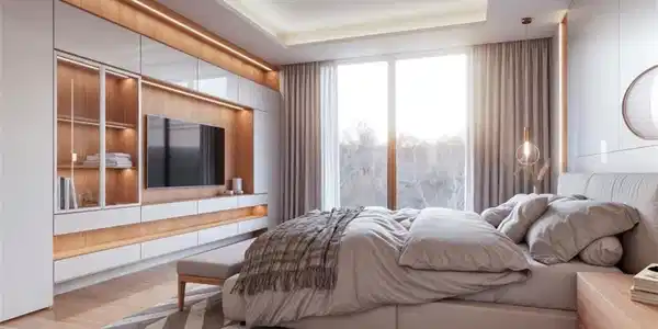 Image 3: Bedroom with light wood-style floors and a raised ceiling (Rendered photo)