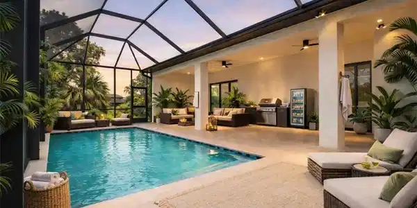 Image 4: Pool at dusk with an outdoor living space, an outdoor pool, a sunroom, and a patio (Rendered photo)