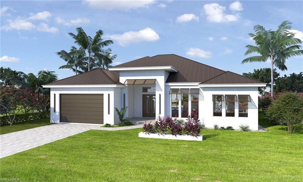 Image 1: View of front of property with a front yard, decorative driveway, and stucco siding