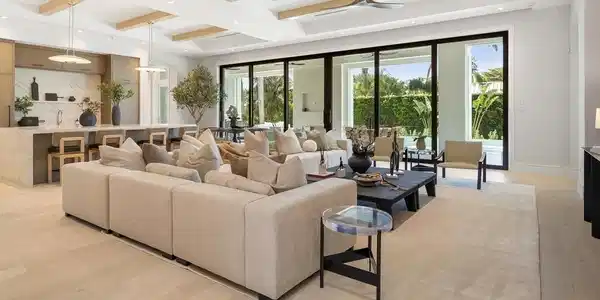 Image 3: Living area with beamed ceiling, baseboards, recessed lighting, a ceiling fan, and light wood-type flooring