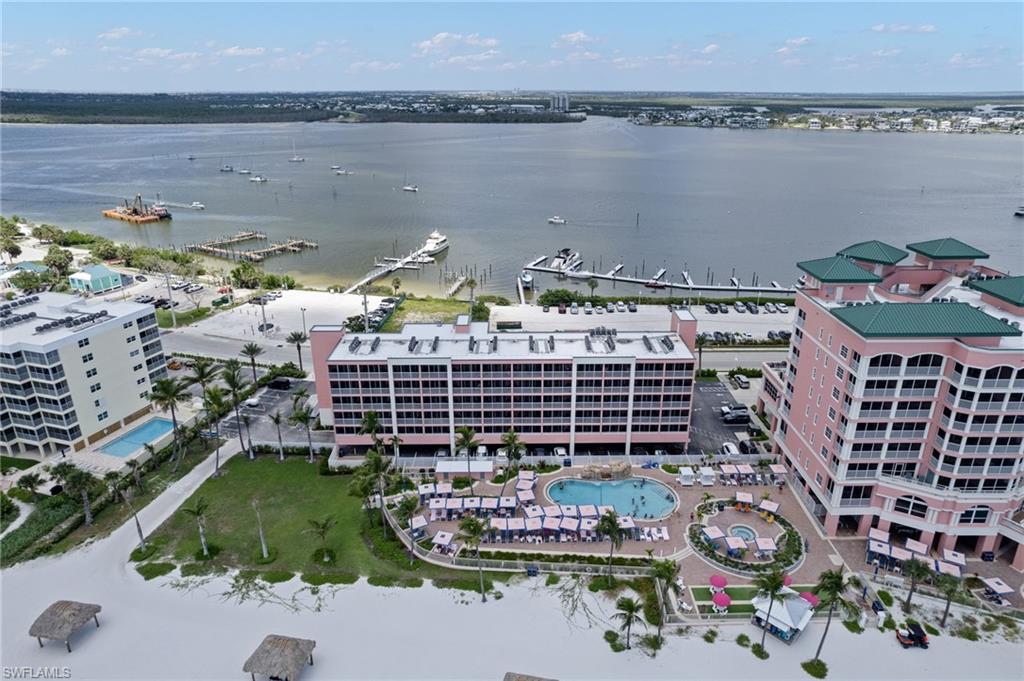 Image 3: Aerial view of the building looking over to the marina