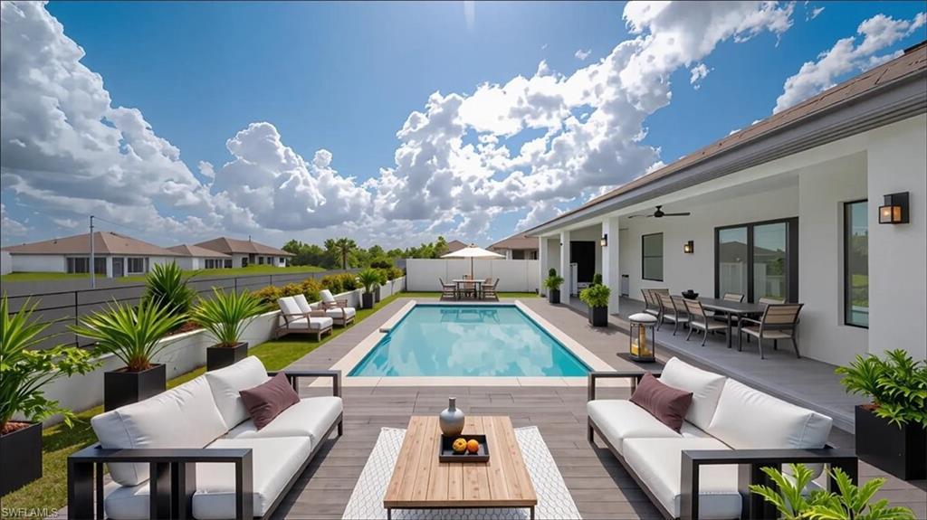 Image 2: View of swimming pool featuring outdoor lounge area, outdoor dining area, a patio area, a fenced backyard, and a ceiling fan