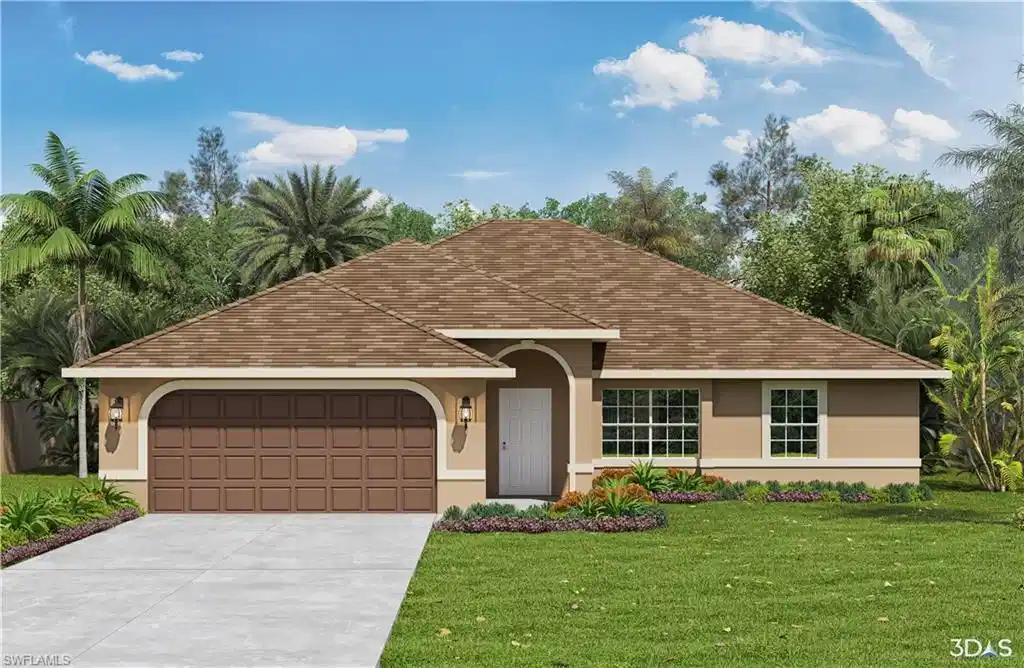 Image 1: View of front of home with a front yard, stucco siding, concrete driveway, and an attached garage