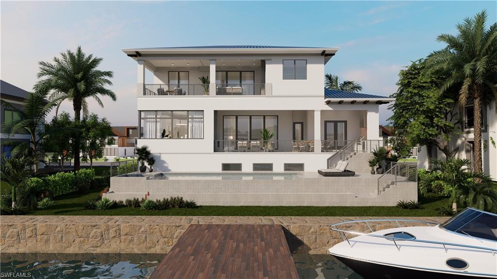 Image 2: The rear elevation rendering showcases planned design elements and features including two spacious covered living areas overlooking the water, open pool deck with heated pool and spa, boat dock offering indirect access to the Gulf of Mexico.