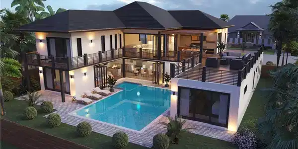 Image 2: Rear view of house with stucco siding, a balcony, an outdoor hangout area, an outdoor pool, and a patio area