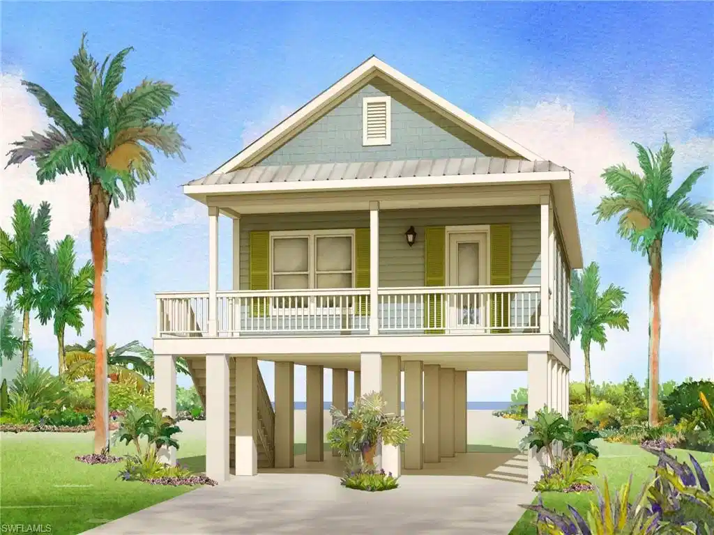 Image 1: Future suggested construction. Raised beach house with a carport, a standing seam roof, concrete driveway, a metal roof, and covered porch