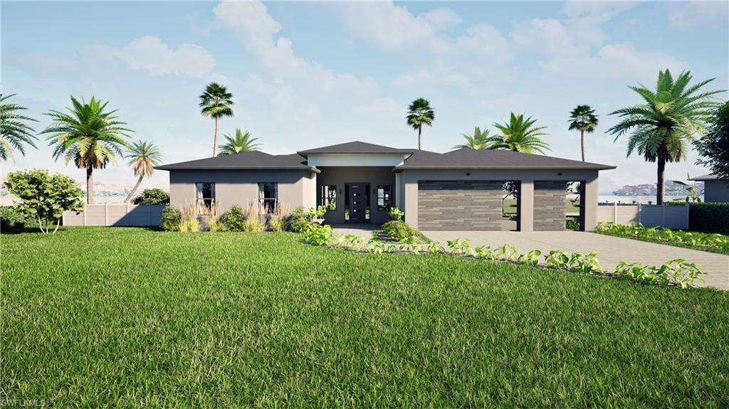 Image 1: Prairie-style home featuring stucco siding, a front yard, driveway, and a garage