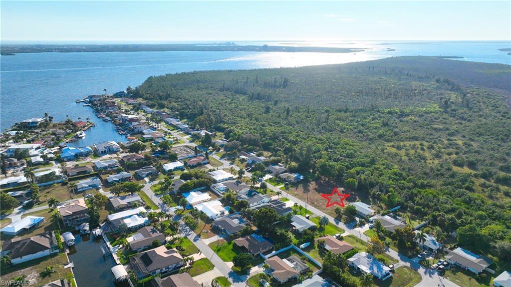 Image 4: Aerial perspective of suburban area with a heavily wooded area and a large body of water