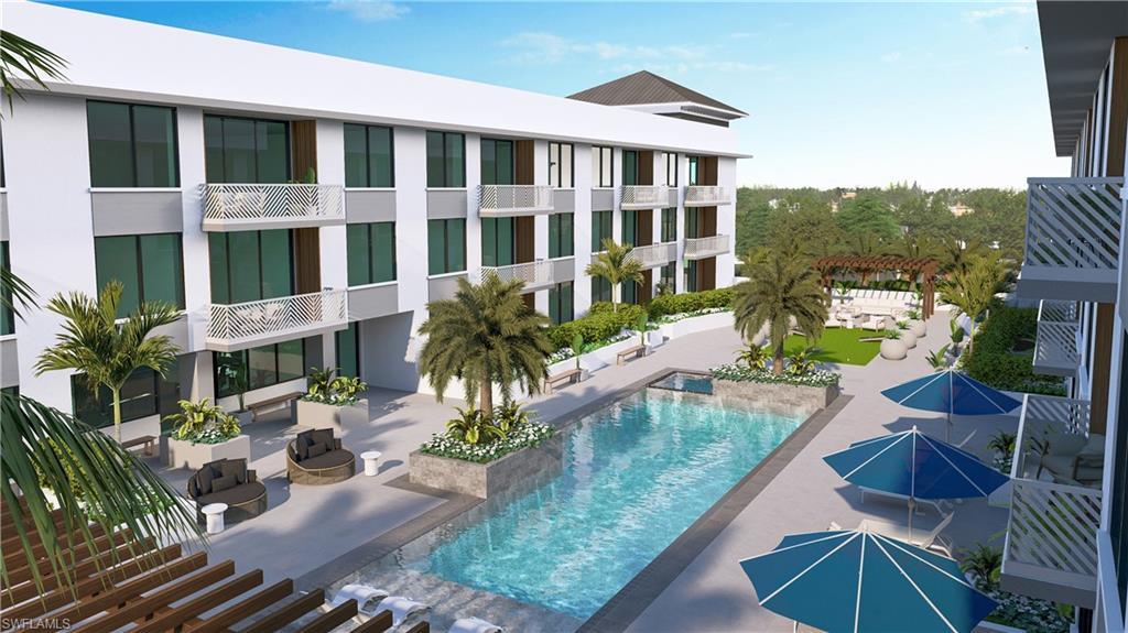 Image 4: Community pool with a patio area and a pergola. Virtual Rendering
