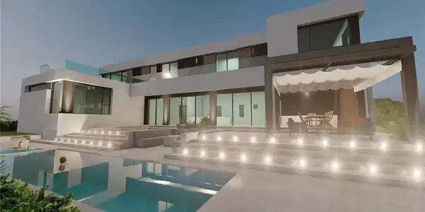Image 2: Rear view of property with stucco siding, a patio, and an outdoor pool