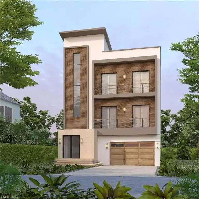 Image 1: RENDERING:Modern home with stucco siding, concrete driveway, a garage, and a balcony