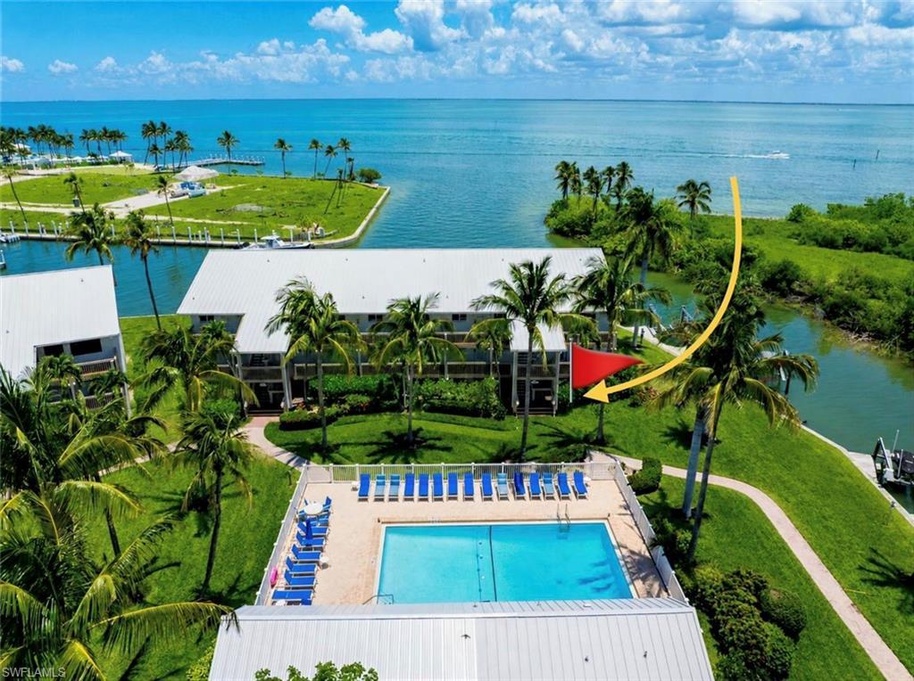 Image 2: Waterfront residential complex featuring a swimming pool with deck chairs, multiple boat docks, mature palm trees, and direct access to open water