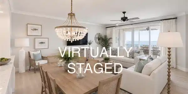 Image 3: Open-concept living space featuring wood-finish flooring, a tiered chandelier, and a ceiling fan