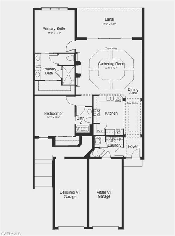 Image 2: Floor Plan - Additional Highlights Include: impact windows throughout the whole house, tray ceiling package, fireplace, quartz countertops, Caf&eacute; kitchen appliances, and upgraded laminate flooring