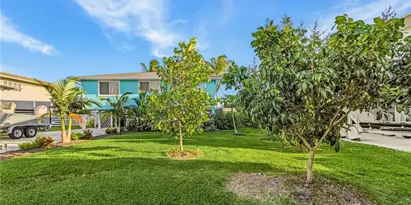 Image 3: Lush green lawn with mature trees and tropical plantings, featuring a vibrant turquoise exterior and a concrete driveway