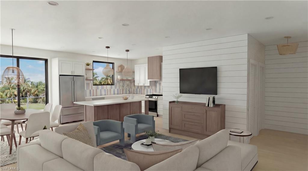 Image 3: Living room featuring recessed lighting and wooden walls - Virtually Edited
