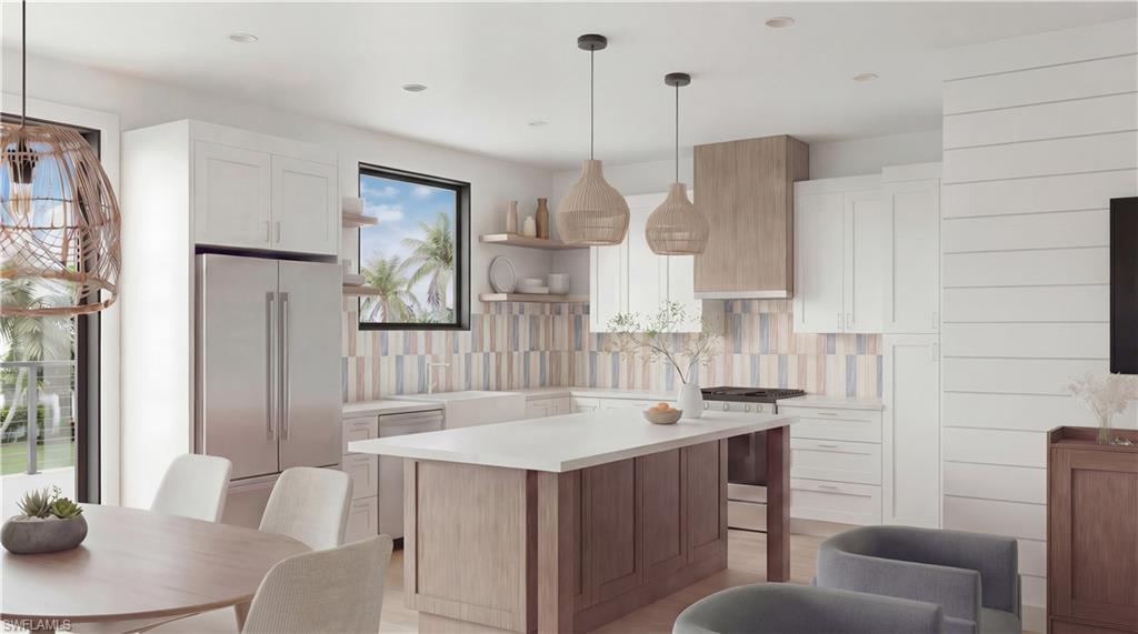 Image 4: Kitchen featuring two tone cabinetry, open shelves, tasteful backsplash, stainless steel appliances, and a center island  - Virtually Edited