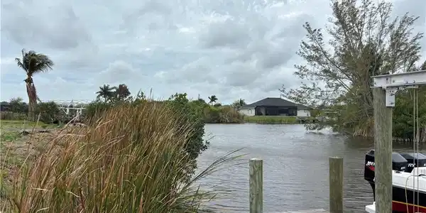 Image 4: Waterfront property featuring a wooden dock, direct water access, and mature palm trees