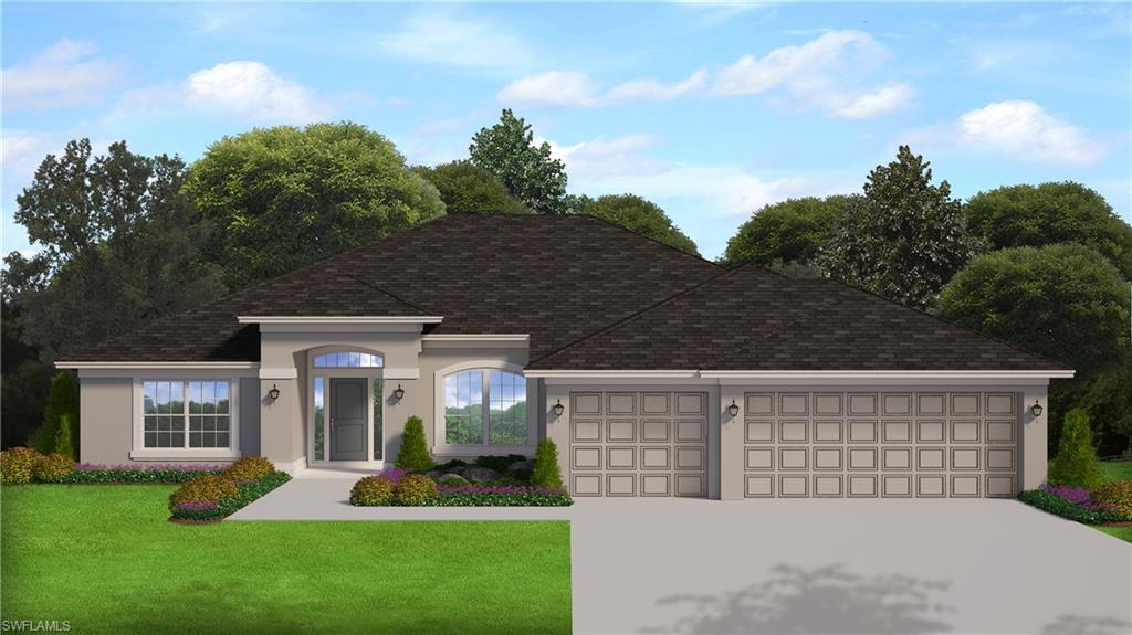 Image 2: Property Render. Displaying a single-story residential structure with an attached garage and surrounding landscape elements