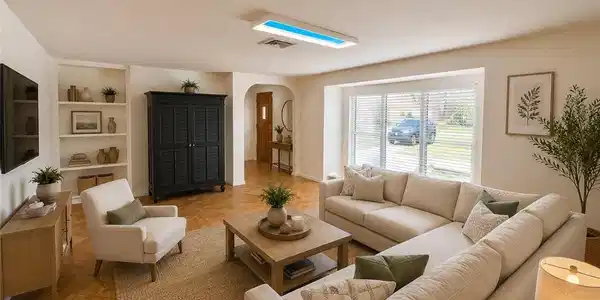 Image 2: Spacious living area featuring large front windows, built-in shelving, arched doorways, and wood-finish flooring