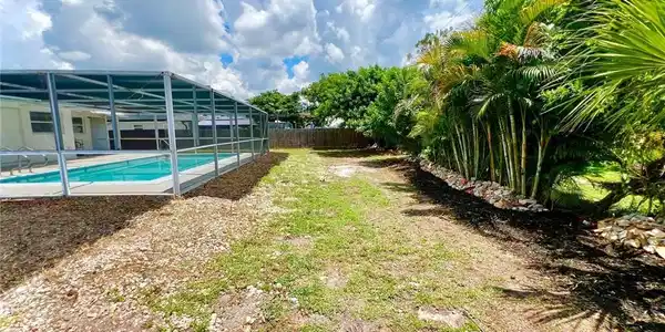 Image 3: Expansive backyard featuring a screened-in swimming pool, a concrete pool deck, and mature palm trees along the property line