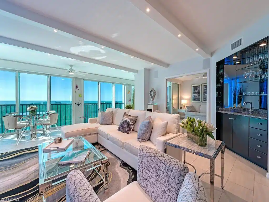Image 1: Large living area with gorgeous panoramic Gulf views