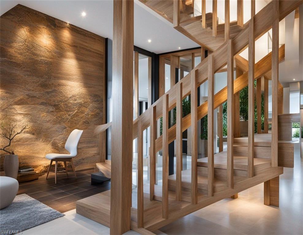Image 3: Digital Rendering Staircase featuring expansive windows, recessed lighting, and wooden walls
