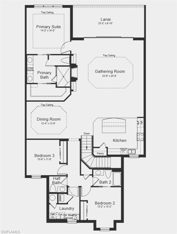 Image 2: Floor Plan - Additional Highlights Include: oak stair treads and painted risers, laundry room sink, kitchen island kneewall cabinets, wood look tile throughout, GE stainless Caf&eacute; appliance package, built-in fireplace with cabinets in the great room, and quartz countertops