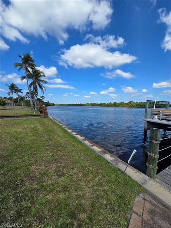 Image 3: Waterfront property featuring a private dock, lush green lawn, mature palm trees, and direct water access