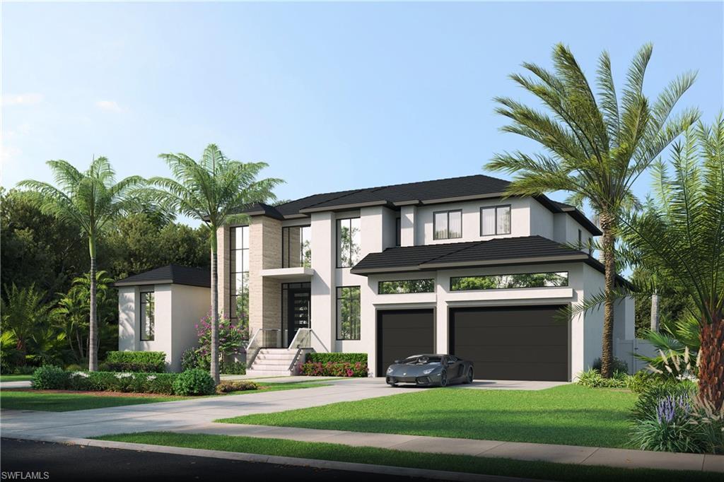Image 2: Architectural rendering. Plans and finishes can be customized. Contemporary house with driveway, stucco siding, a front lawn, and an attached garage.