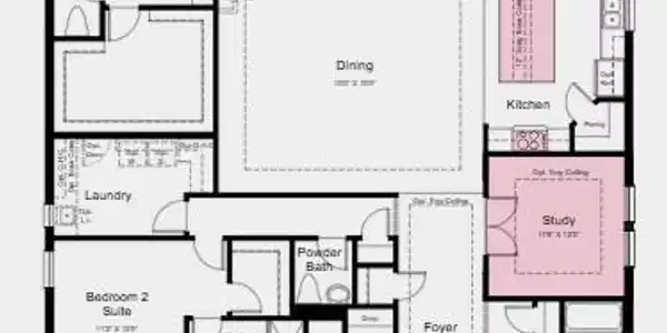 Image 2: Floor Plan -  Additional Highlights Include: tray ceiling package, 4' garage extension, 8' interior doors, extended covered lanai, rain shower head in the primary shower, outdoor kitchen rough-in, 80 AMP pool/spa prewire, and window blinds throughout the whole house