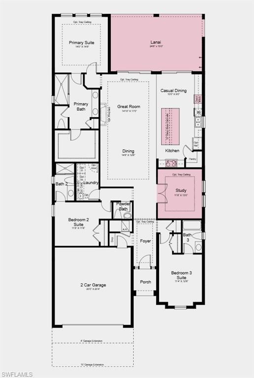Image 2: Floor Plan - Additional Highlights Include: an extended lanai with an outdoor kitchen rough-in, gourmet kitchen, study with French doors, tray ceiling package, and upgraded appliance package