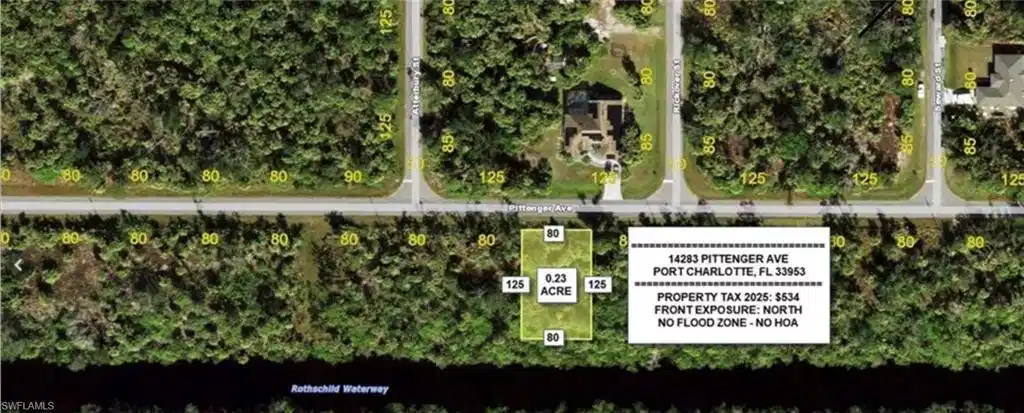 Image 1: Aerial Map. Displaying the property's location, dimensions, and associated data including address, acreage, tax information, and flood zone status