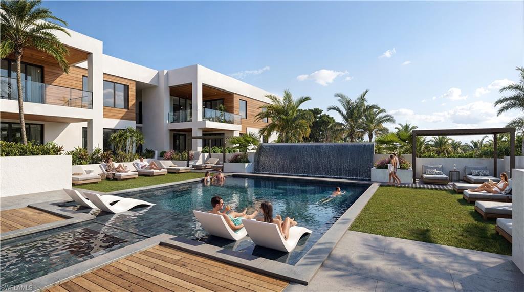Image 3: Modern exterior with white stucco and wood-finish accents, featuring multiple balconies with glass railings