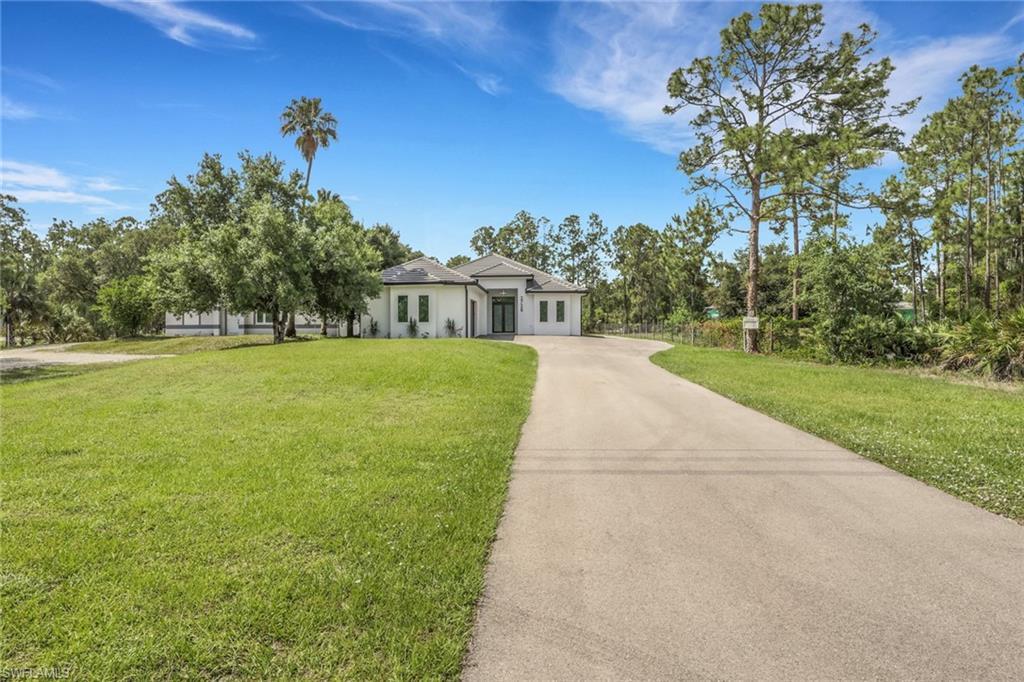 Image 1: Contemporary single-story residence with a concrete driveway, expansive front lawn, and mature trees