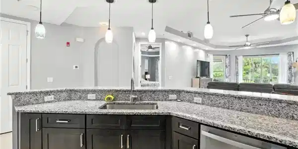Image 4: Kitchen featuring a raised ceiling, light stone counters, pendant lighting, and dishwasher
