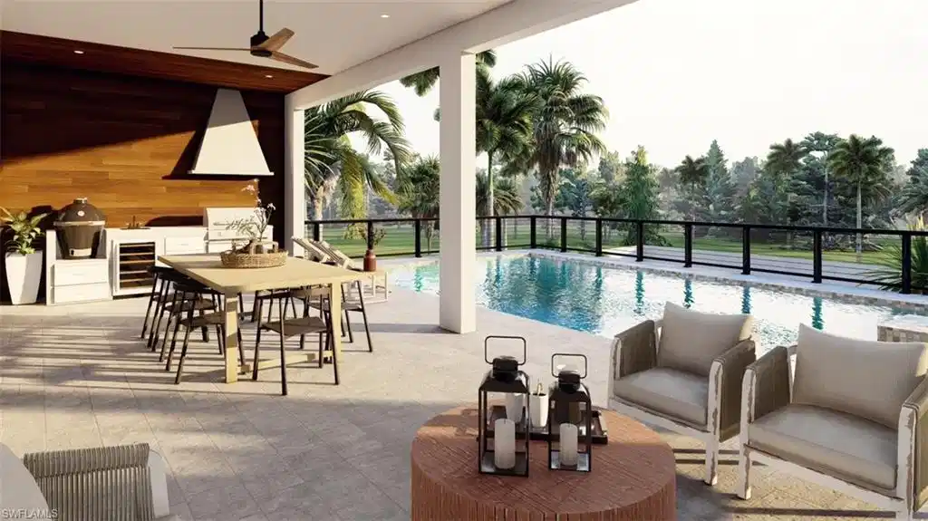 Image 1: Virtual Rendering - View of swimming pool featuring an outdoor kitchen, a patio, and outdoor dining space