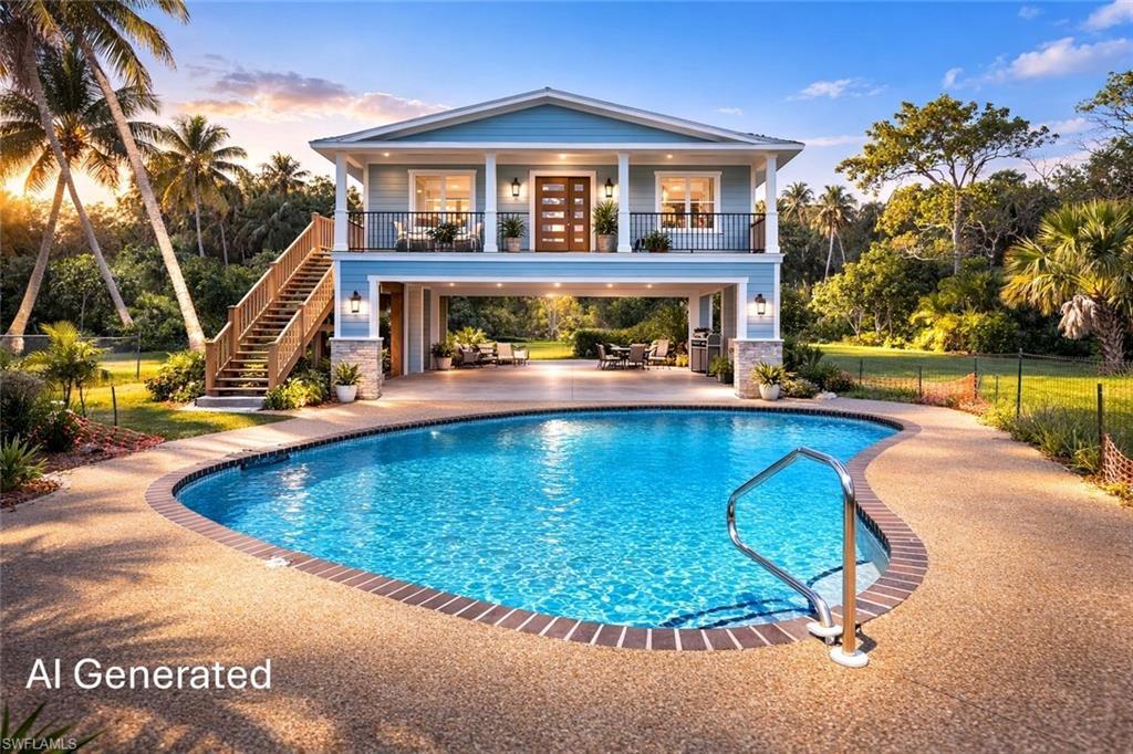 Image 2: Rear view of house featuring an outdoor pool, a balcony, a patio, and stone siding