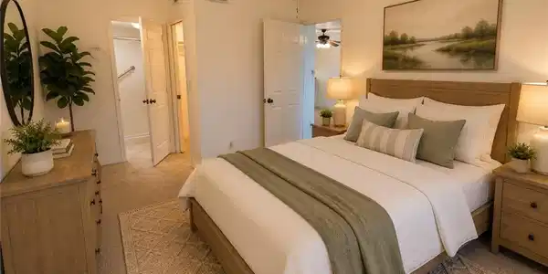 Image 4: Carpeted bedroom featuring a ceiling fan with integrated lighting, two white panel doors, and a decorative wall art piece