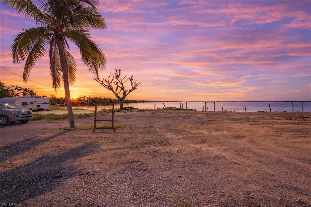 Image 1: Yard at dusk with a water view