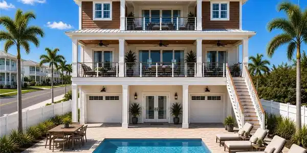 Image 3: RENDERING - Coastal Modern residence featuring a three-story brick and composite exterior with metal roof, dual two-car garages, and a resort-style saltwater pool with integrated spa lounging area