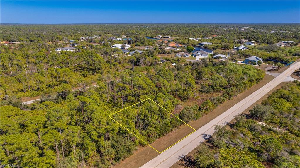 Image 4: Aerial view of residential area with a forest and property parcel outlined