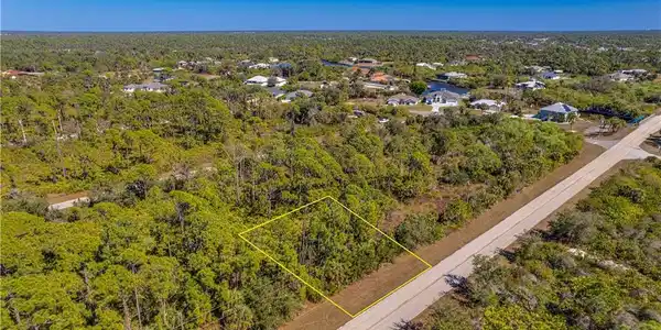 Image 4: Aerial view of residential area with a forest and property parcel outlined
