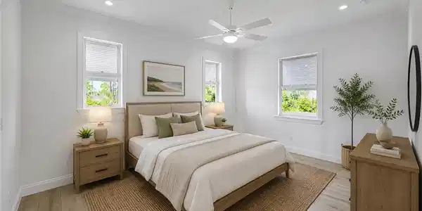 Image 3: Bright interior with crown molding, recessed lighting, ceiling fan, and wood-finish flooring. Virtually staged