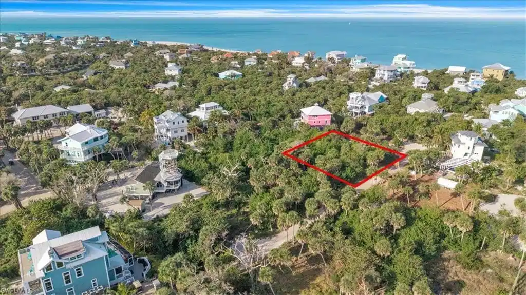 Image 1: Aerial view of lot (outlined in red) with the Gulf of Mexico just beyond the tree line