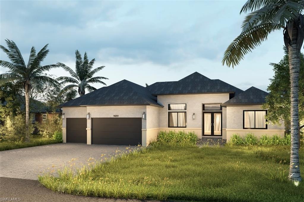Image 1: View of front facade with stucco siding, driveway, a garage, a front lawn, and roof with shingles (Rendered photo)
