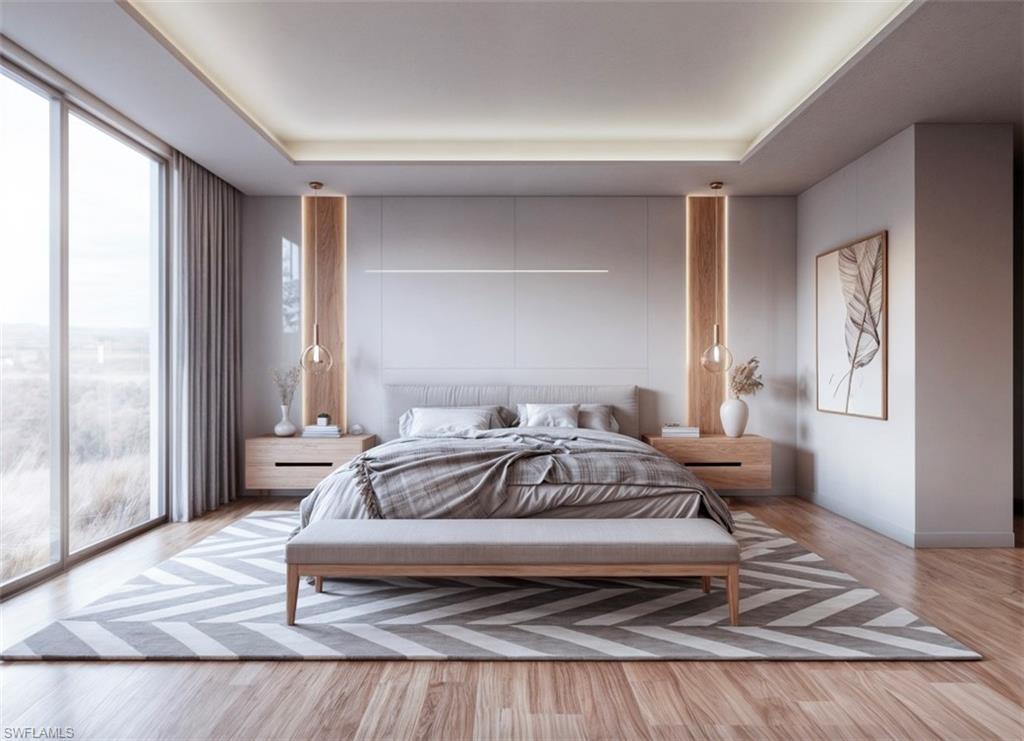 Image 2: Bedroom with wood finished floors and a raised ceiling (Rendered photo)