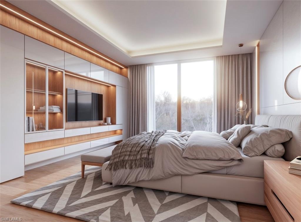 Image 3: Bedroom with light wood-style floors and a raised ceiling (Rendered photo)