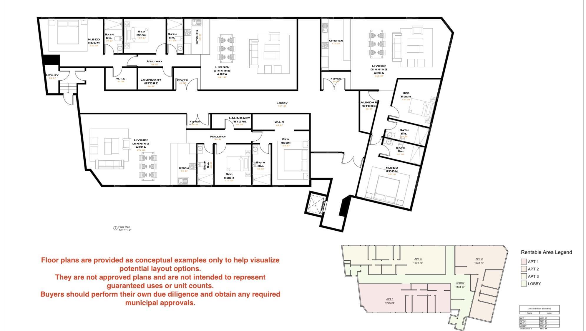 Image 4: 3 unit floor plan are conceptual examples only.