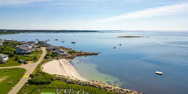 Image 3: Aerial view of beach at Latimer Point with water-views of Fisher's Island Sound.